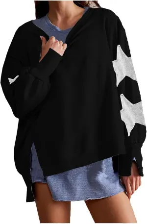 Women's Oversized Crewneck Sweatshirt Striped Star Long Sleeve Side Slit Pullover Sweatshirts Vintage Y2K Shirt Tops