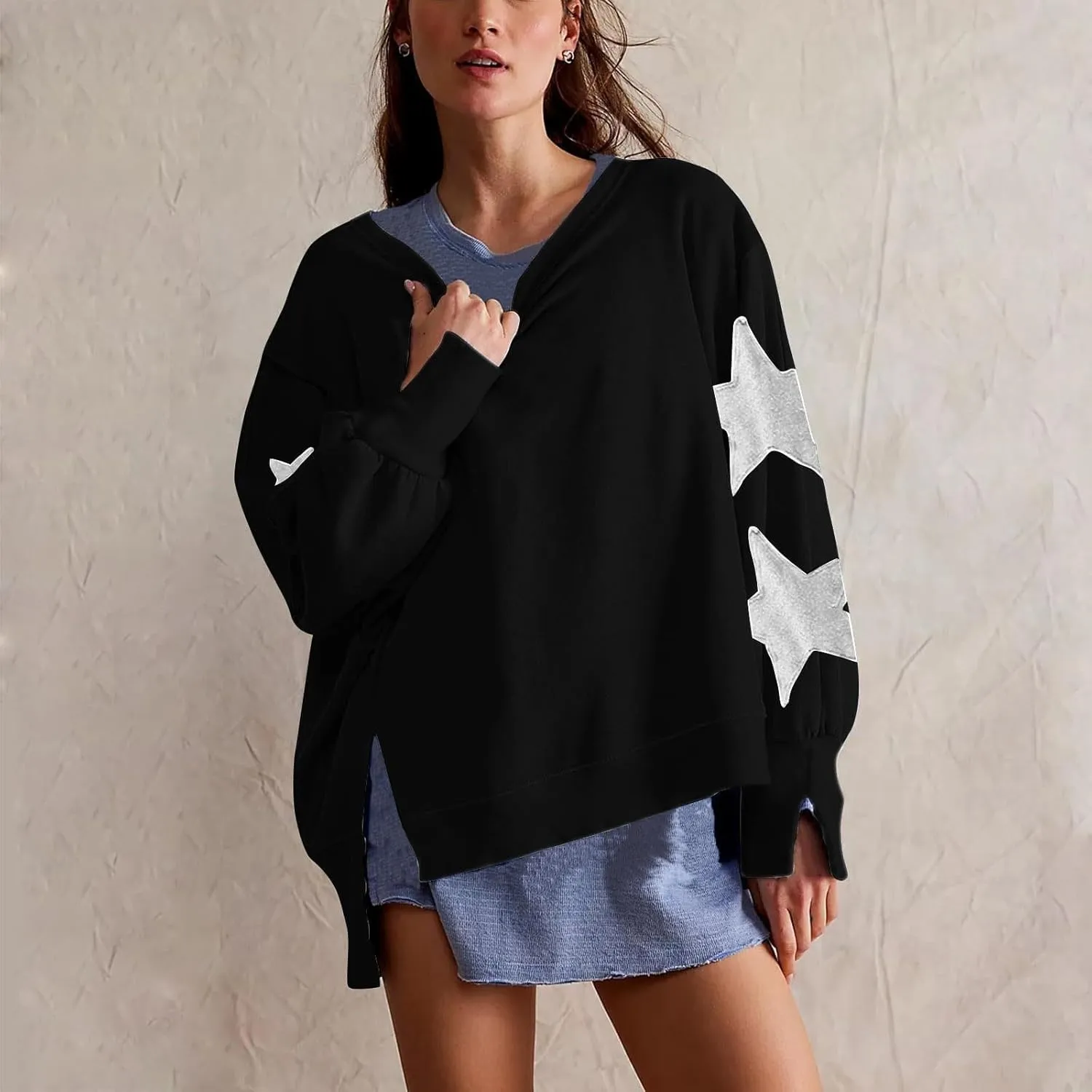 Women's Oversized Crewneck Sweatshirt Striped Star Long Sleeve Side Slit Pullover Sweatshirts Vintage Y2K Shirt Tops