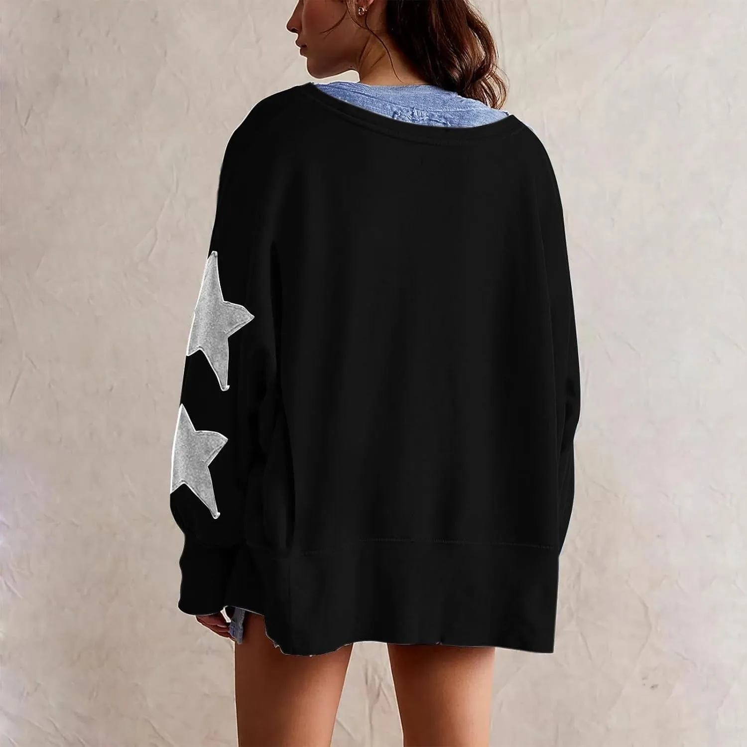 Women's Oversized Crewneck Sweatshirt Striped Star Long Sleeve Side Slit Pullover Sweatshirts Vintage Y2K Shirt Tops