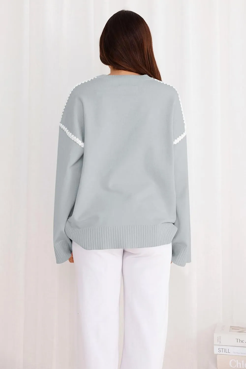 Women's Oversized Sweaters Loose Fit Fall Crewneck Color Block Knit Pullover Sweater Tops