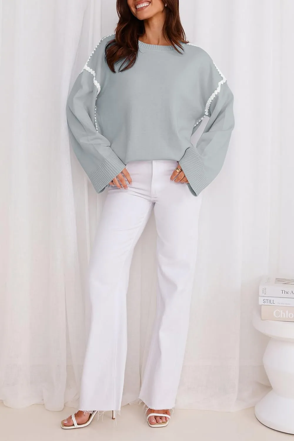 Women's Oversized Sweaters Loose Fit Fall Crewneck Color Block Knit Pullover Sweater Tops