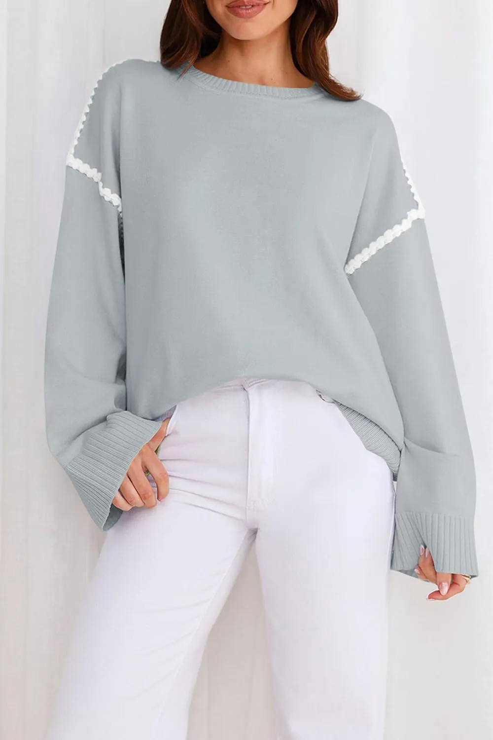Women's Oversized Sweaters Loose Fit Fall Crewneck Color Block Knit Pullover Sweater Tops