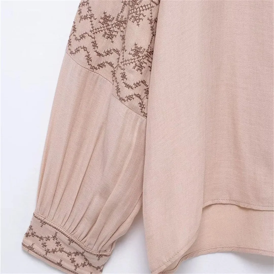 Women's Patchwork Embroidery Temperament V-Neck Long Sleeved Shirt Single Breasted Loose Top