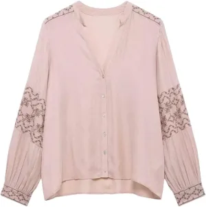 Women's Patchwork Embroidery Temperament V-Neck Long Sleeved Shirt Single Breasted Loose Top
