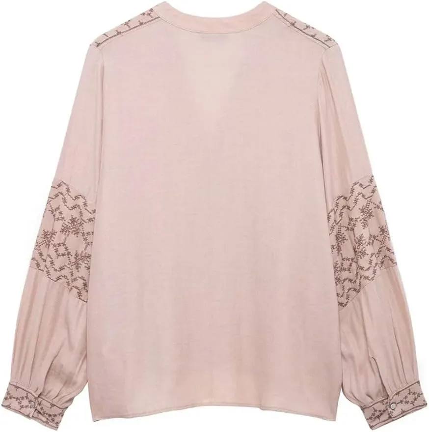 Women's Patchwork Embroidery Temperament V-Neck Long Sleeved Shirt Single Breasted Loose Top