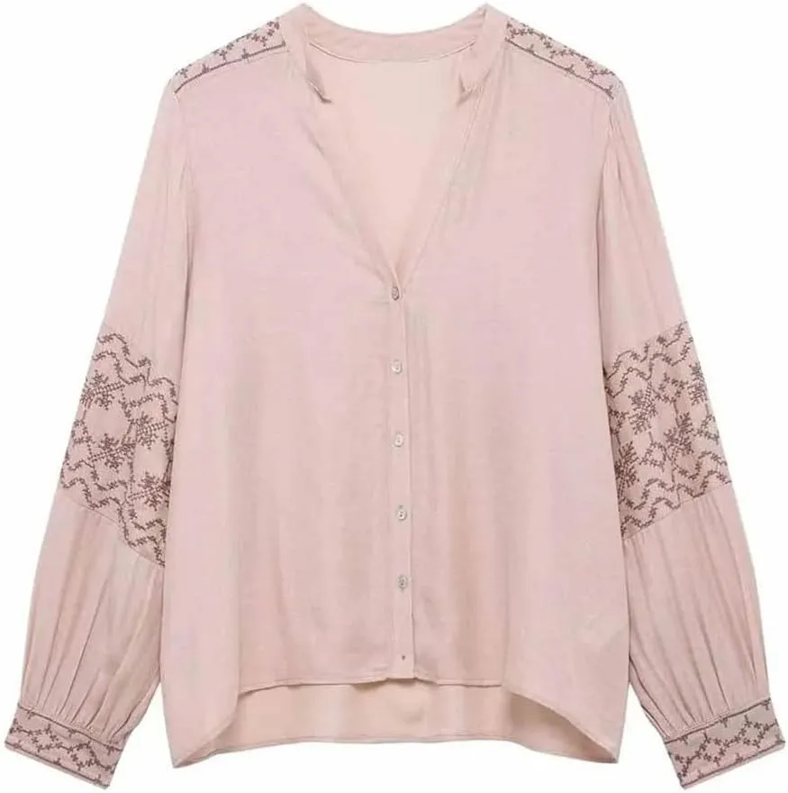 Women's Patchwork Embroidery Temperament V-Neck Long Sleeved Shirt Single Breasted Loose Top