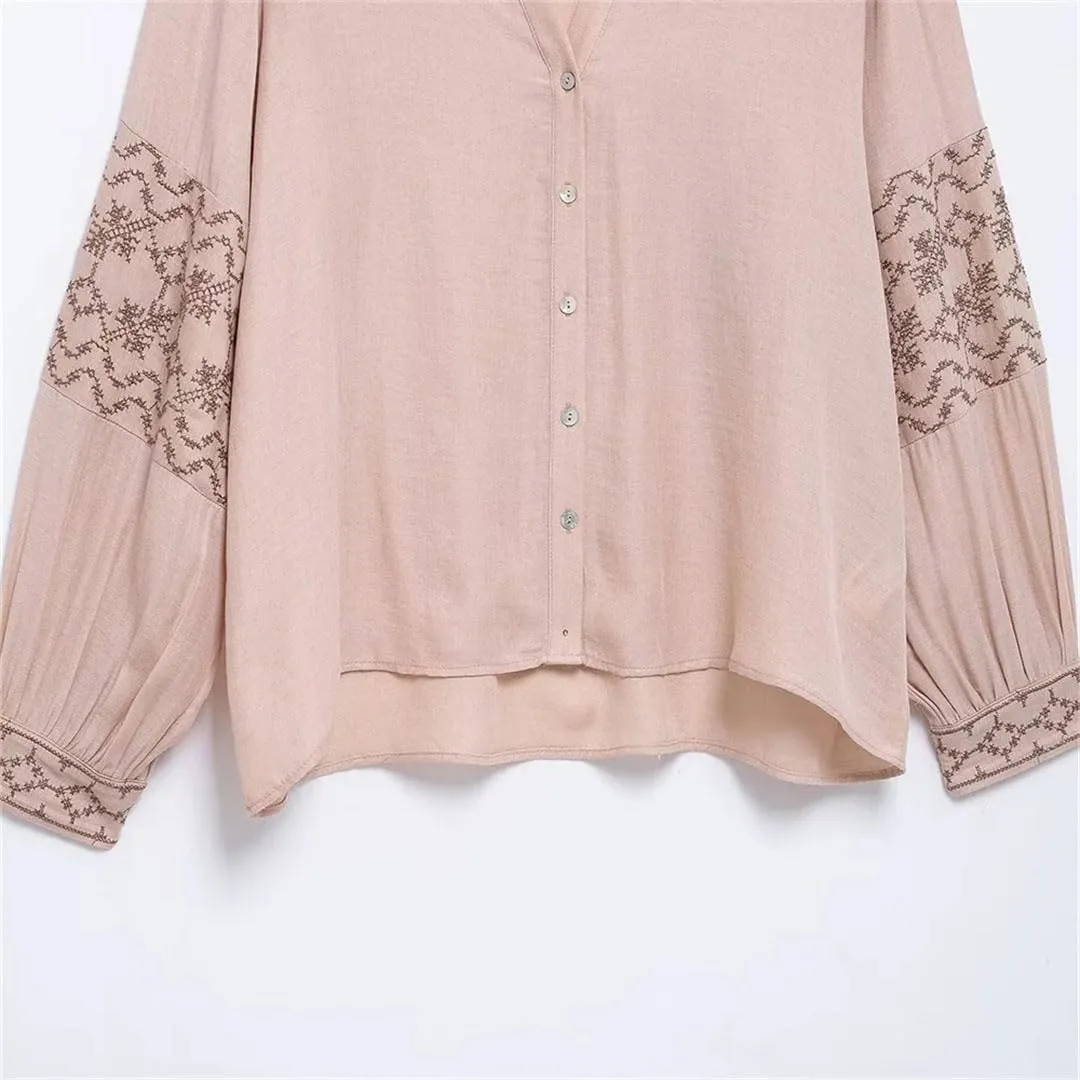 Women's Patchwork Embroidery Temperament V-Neck Long Sleeved Shirt Single Breasted Loose Top