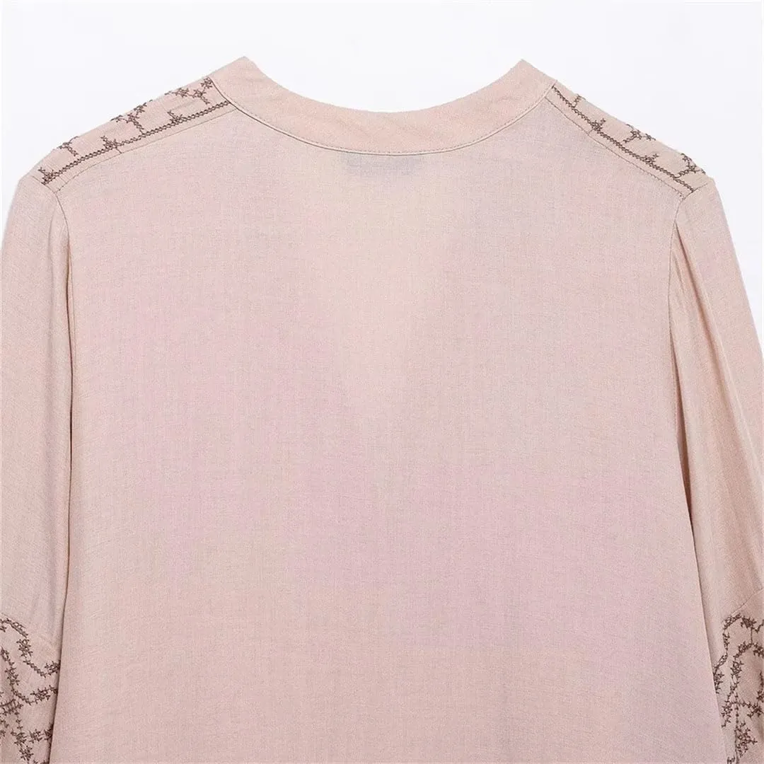 Women's Patchwork Embroidery Temperament V-Neck Long Sleeved Shirt Single Breasted Loose Top