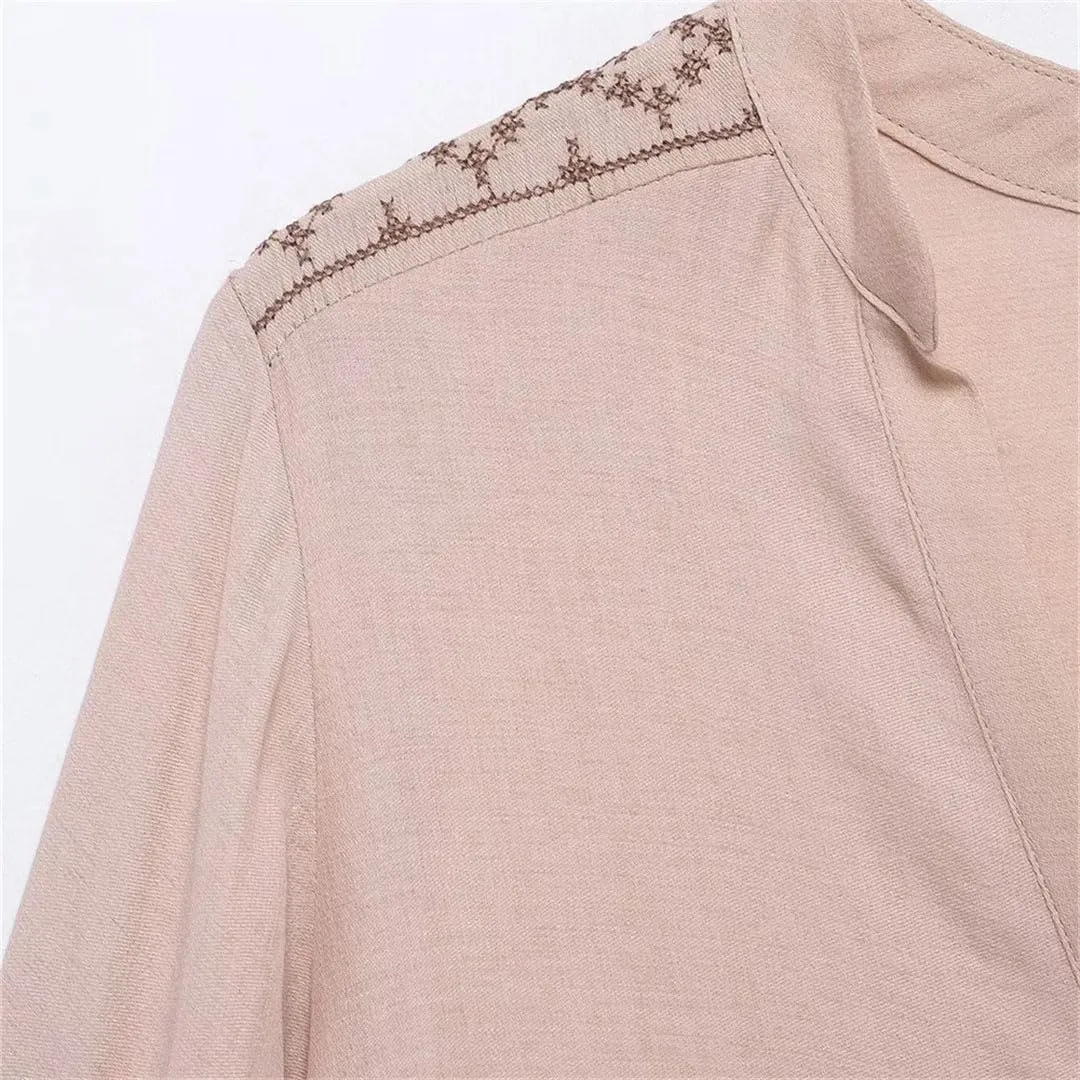 Women's Patchwork Embroidery Temperament V-Neck Long Sleeved Shirt Single Breasted Loose Top