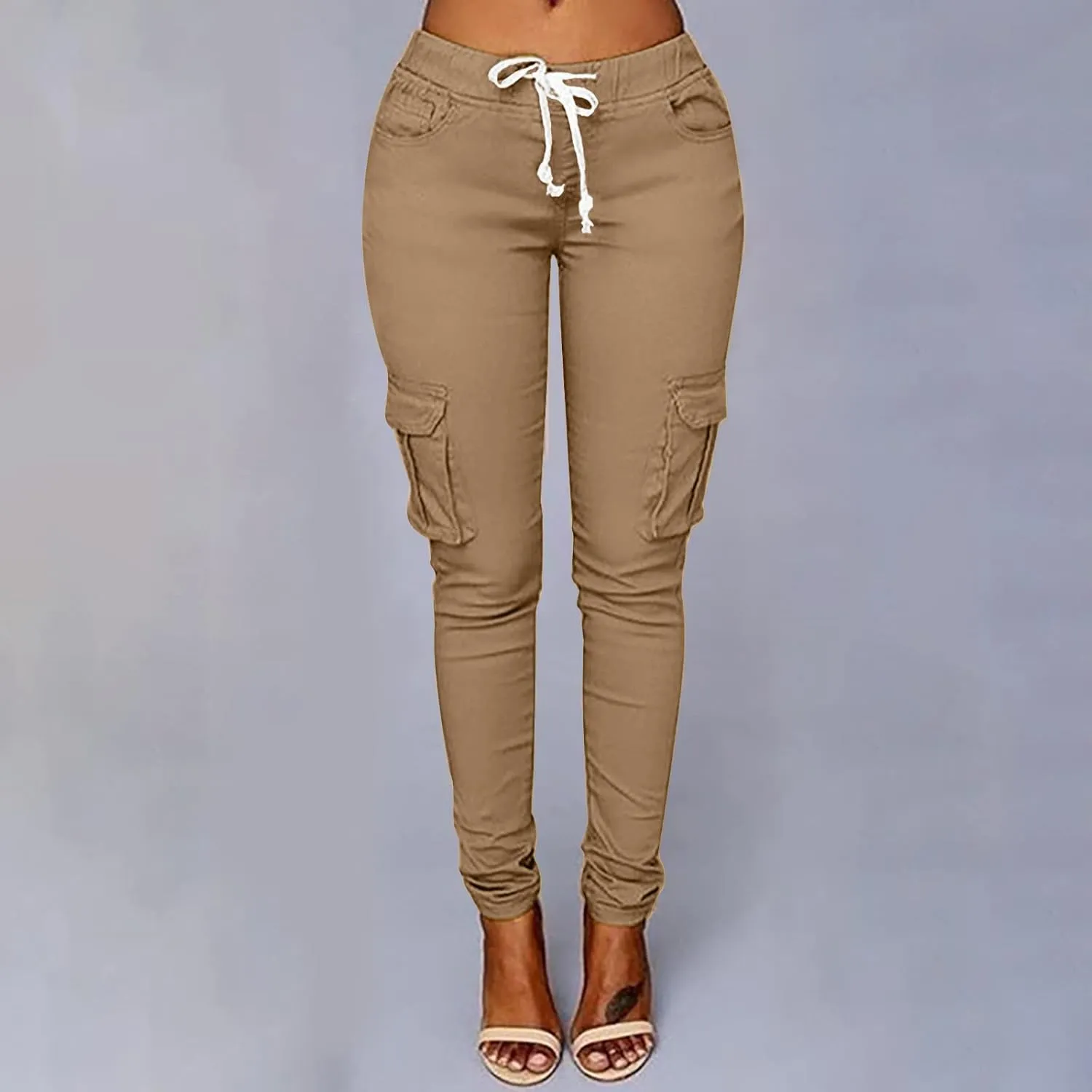 Womens Plus Size Butt Lifting Leggings Slim Fit Stretch Drawstring Cargo Joggers Yoga Sweatpants with Multi Pockets