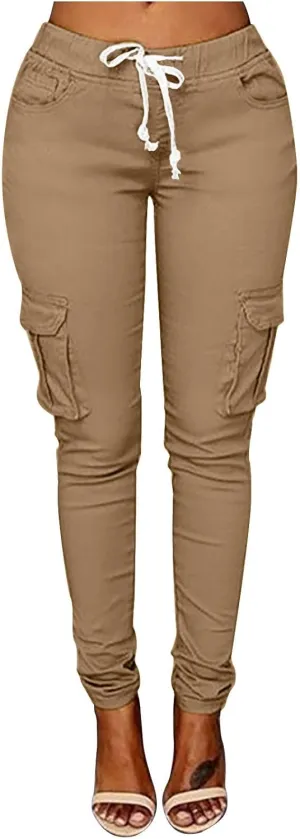 Womens Plus Size Butt Lifting Leggings Slim Fit Stretch Drawstring Cargo Joggers Yoga Sweatpants with Multi Pockets