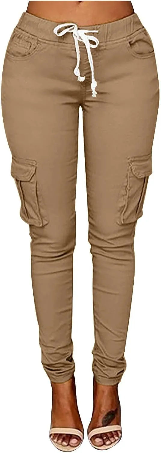 Womens Plus Size Butt Lifting Leggings Slim Fit Stretch Drawstring Cargo Joggers Yoga Sweatpants with Multi Pockets