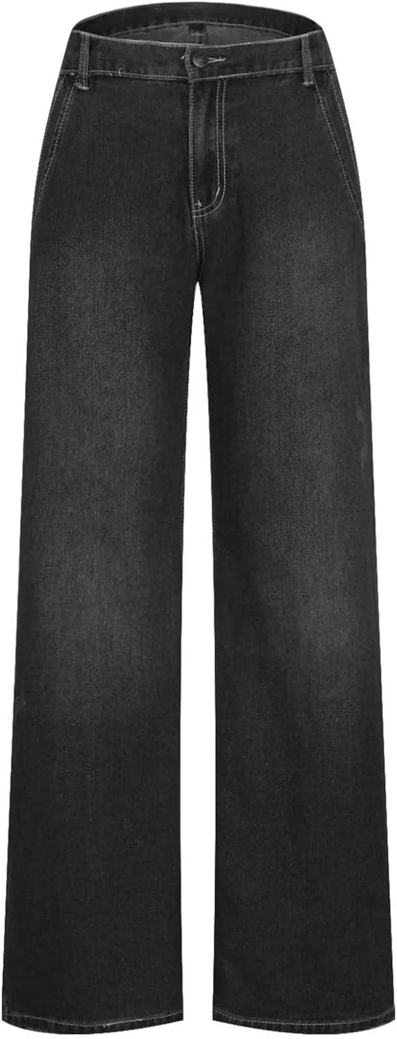 Women's Plus Size Flare Jeans Vintage High Waisted Baggy Wide Leg Denim Pants Straight Leg Pull On Jeans Pockets