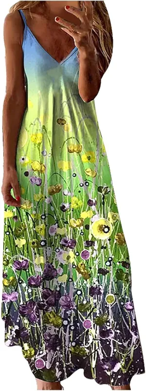 Women's Plus Size Vest Sling Dress Summer Sleevess Boho Floral Print Beach Dress V Neck Sexy Casual Long Maxi Dress
