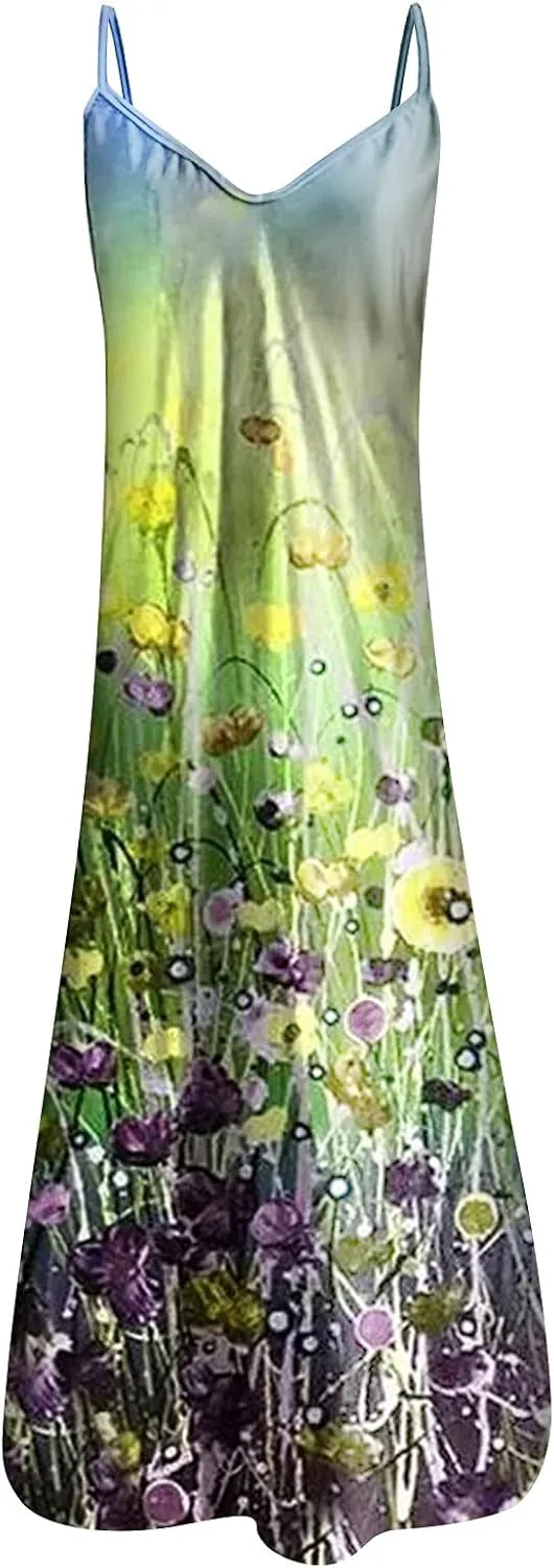 Women's Plus Size Vest Sling Dress Summer Sleevess Boho Floral Print Beach Dress V Neck Sexy Casual Long Maxi Dress
