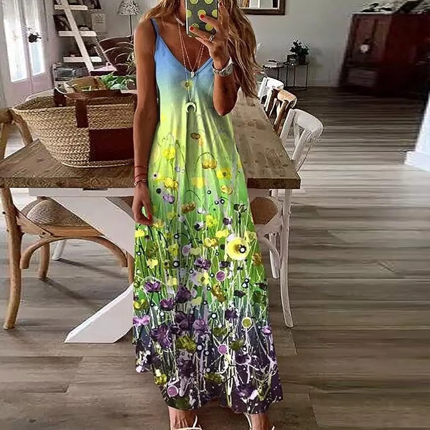 Women's Plus Size Vest Sling Dress Summer Sleevess Boho Floral Print Beach Dress V Neck Sexy Casual Long Maxi Dress