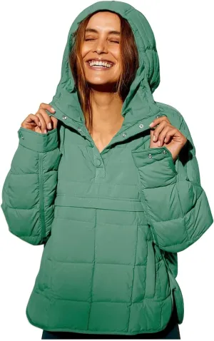 Women's Quilted Pullover Puffer Jacket Packable Hooded Padded Oversized Hoodie Dolman Long Sleeve Warm Winter Coat