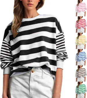 Women's Regular Fit Sweatshirts Loose Comfy Striped Print Long Sleeve Pullover Hoodie Autumnn Outdoor Crewneck Tunics