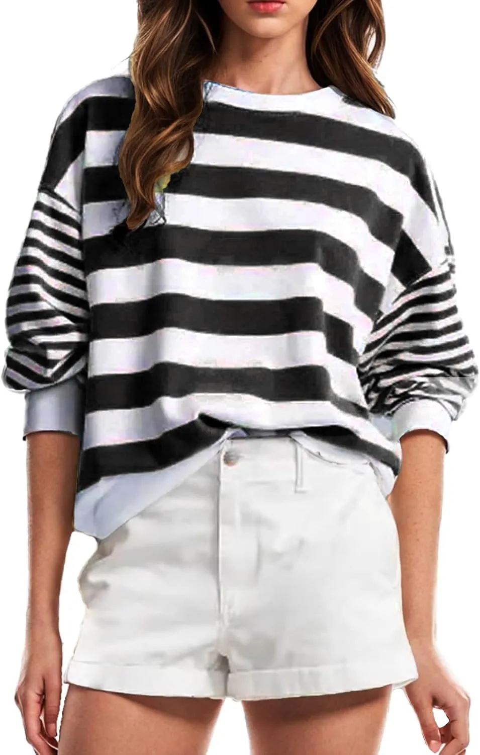 Women's Regular Fit Sweatshirts Loose Comfy Striped Print Long Sleeve Pullover Hoodie Autumnn Outdoor Crewneck Tunics