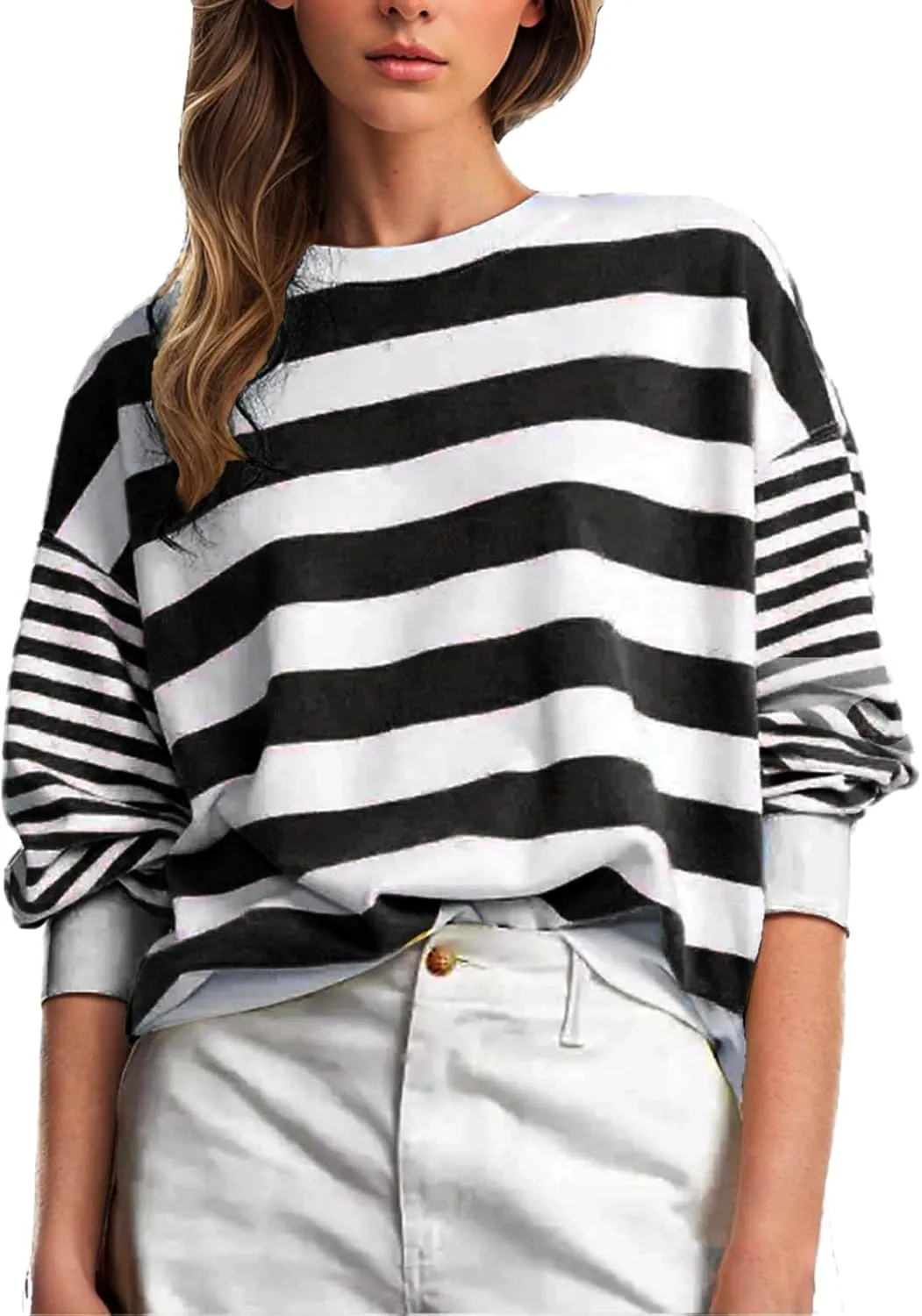 Women's Regular Fit Sweatshirts Loose Comfy Striped Print Long Sleeve Pullover Hoodie Autumnn Outdoor Crewneck Tunics