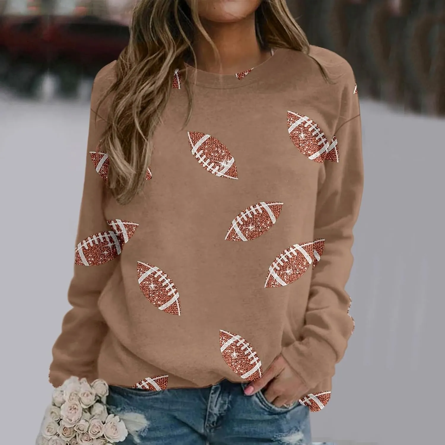 Womens Regular Fit Sweatshirts Rugby Graphic Long Sleeve Round Neck Football Tunics Fall Game Day Pullover Sweatshirt