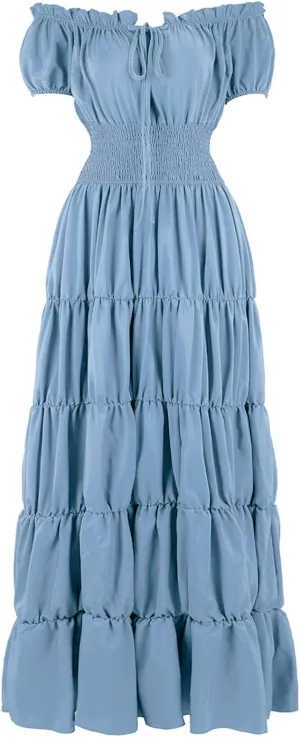 Womens Renaissance Costume Dress Medieval Square Neck Short Puff Sleeve Midi Dress Smocked Flowy Tiered Dresses