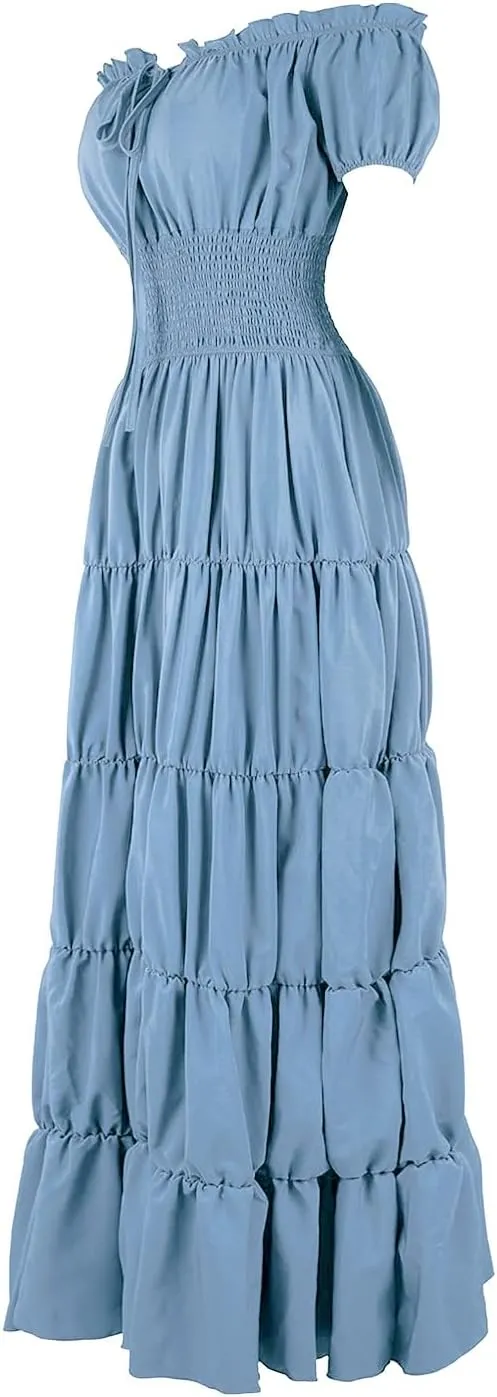 Womens Renaissance Costume Dress Medieval Square Neck Short Puff Sleeve Midi Dress Smocked Flowy Tiered Dresses