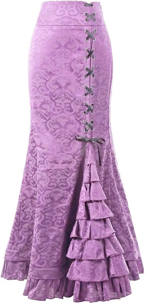 Women's Retro Lace-Up Drawstring Tiered Ruffle Maxi Long Mermaid Pencil Skirt Trendy Plus Size Slim Fishtail Skirts