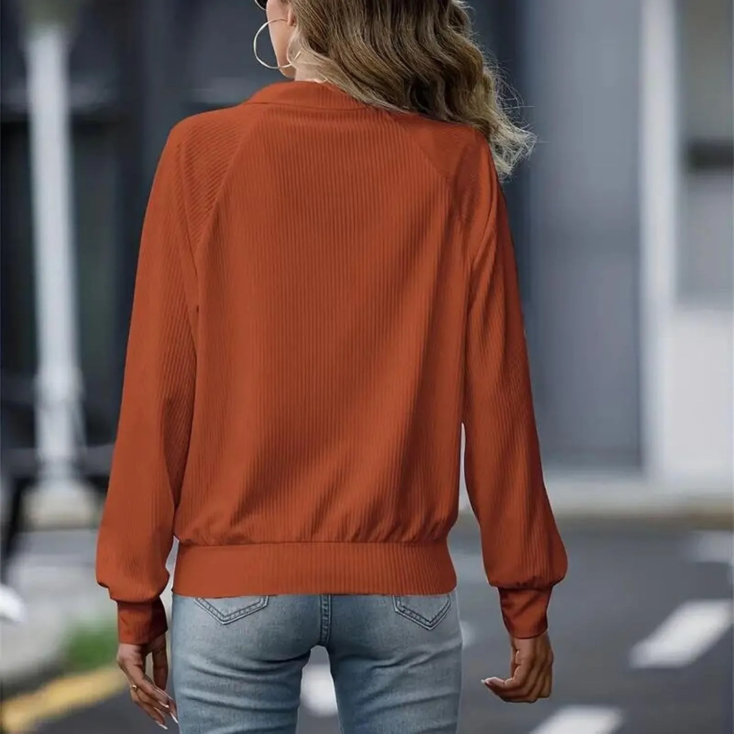 Women's Ribbed Knit Tops Fashion Striped Full Zip Up Lapel Collar Loose Fit Solid Jackets Fall Casual Workout Coats