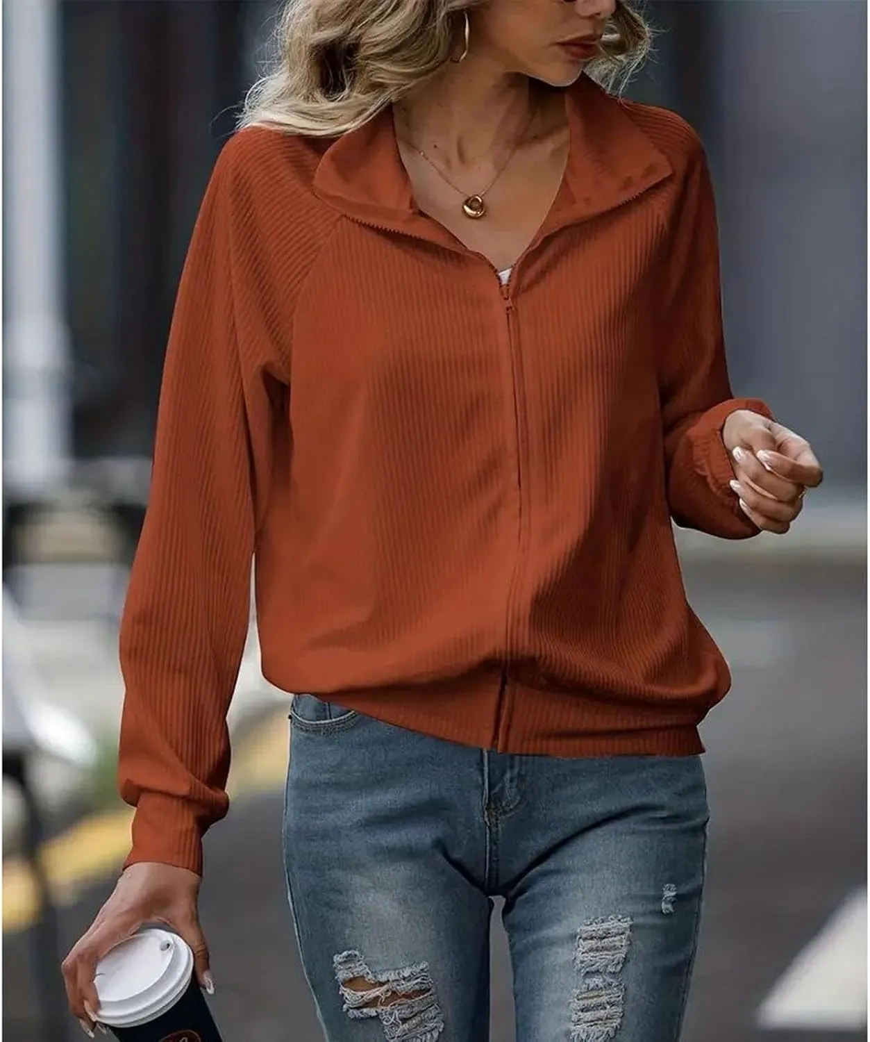 Women's Ribbed Knit Tops Fashion Striped Full Zip Up Lapel Collar Loose Fit Solid Jackets Fall Casual Workout Coats