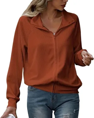 Women's Ribbed Knit Tops Fashion Striped Full Zip Up Lapel Collar Loose Fit Solid Jackets Fall Casual Workout Coats