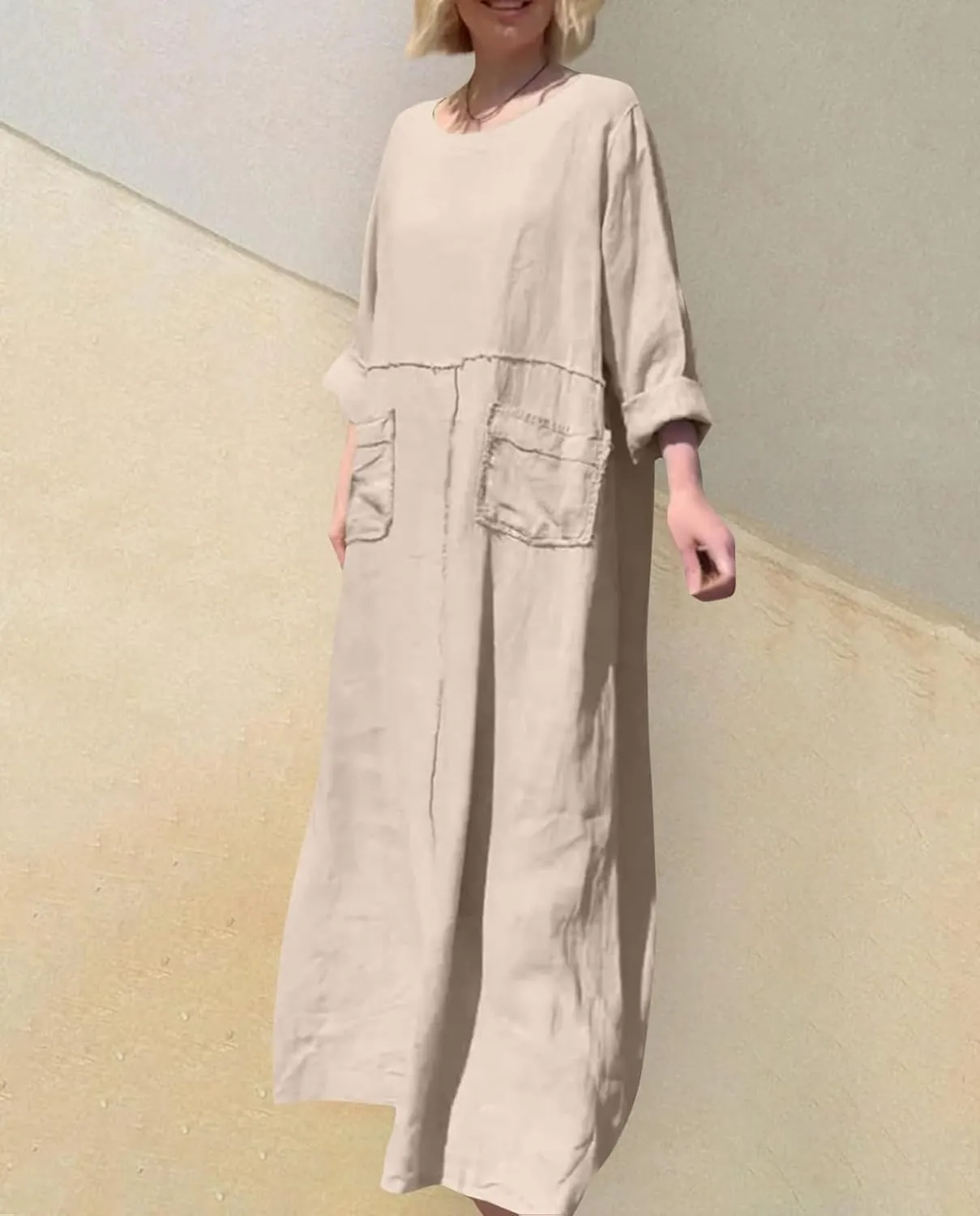 Women's Round Neck Cotton Linen Long Sleeve Dresses Casual Pleated Flowy Maxi Dress Beach Loose Dress with Pocket