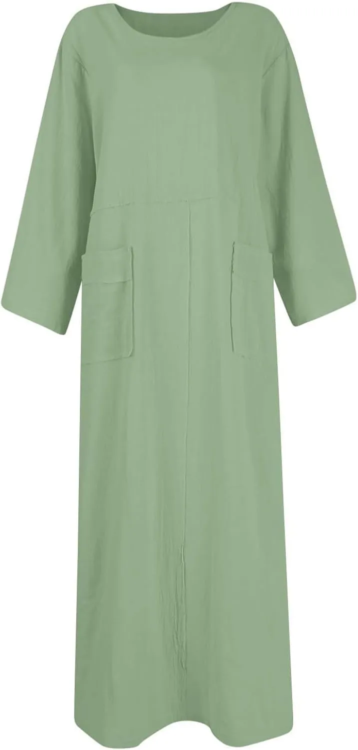 Women's Round Neck Cotton Linen Long Sleeve Dresses Casual Pleated Flowy Maxi Dress Beach Loose Dress with Pocket