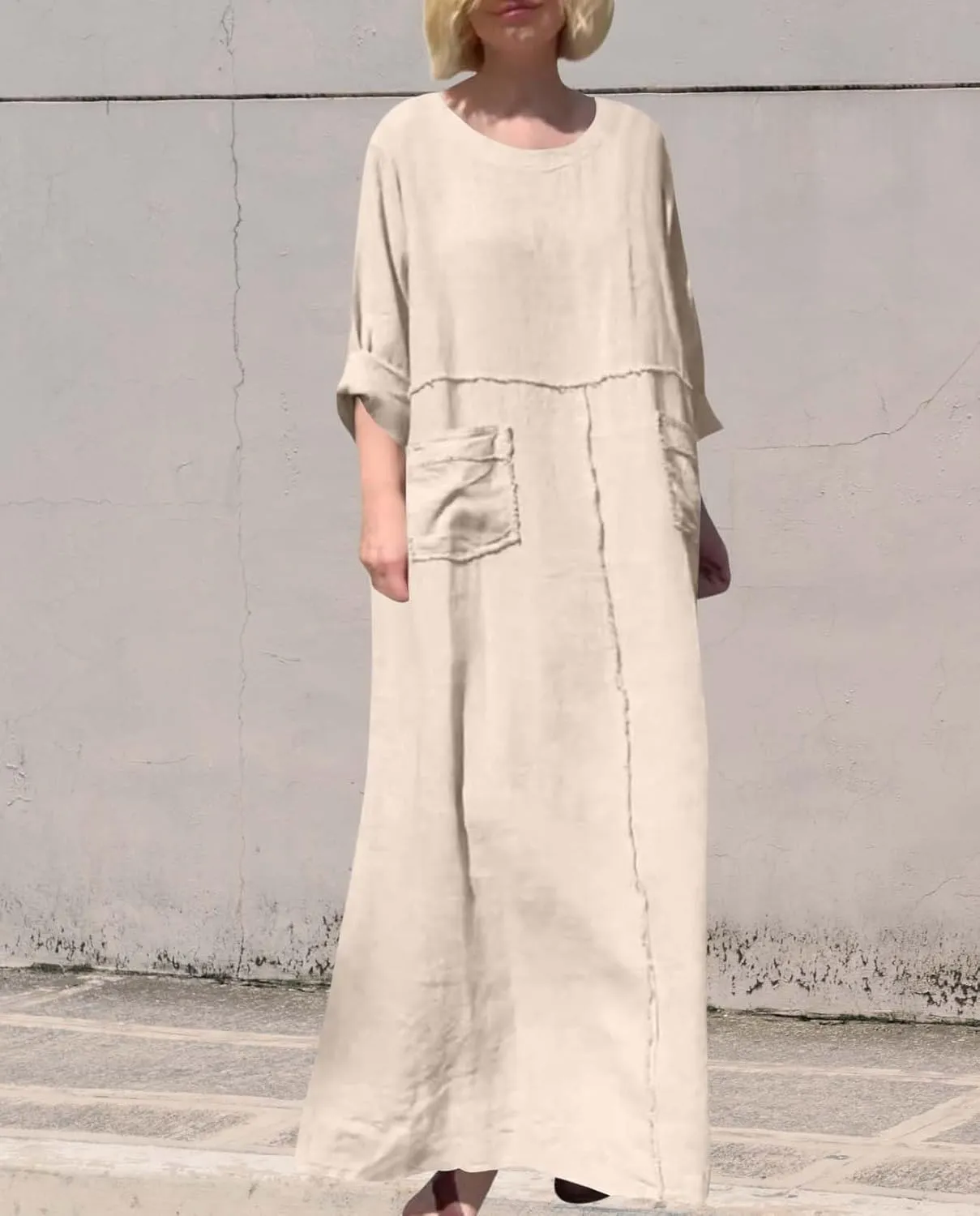 Women's Round Neck Cotton Linen Long Sleeve Dresses Casual Pleated Flowy Maxi Dress Beach Loose Dress with Pocket