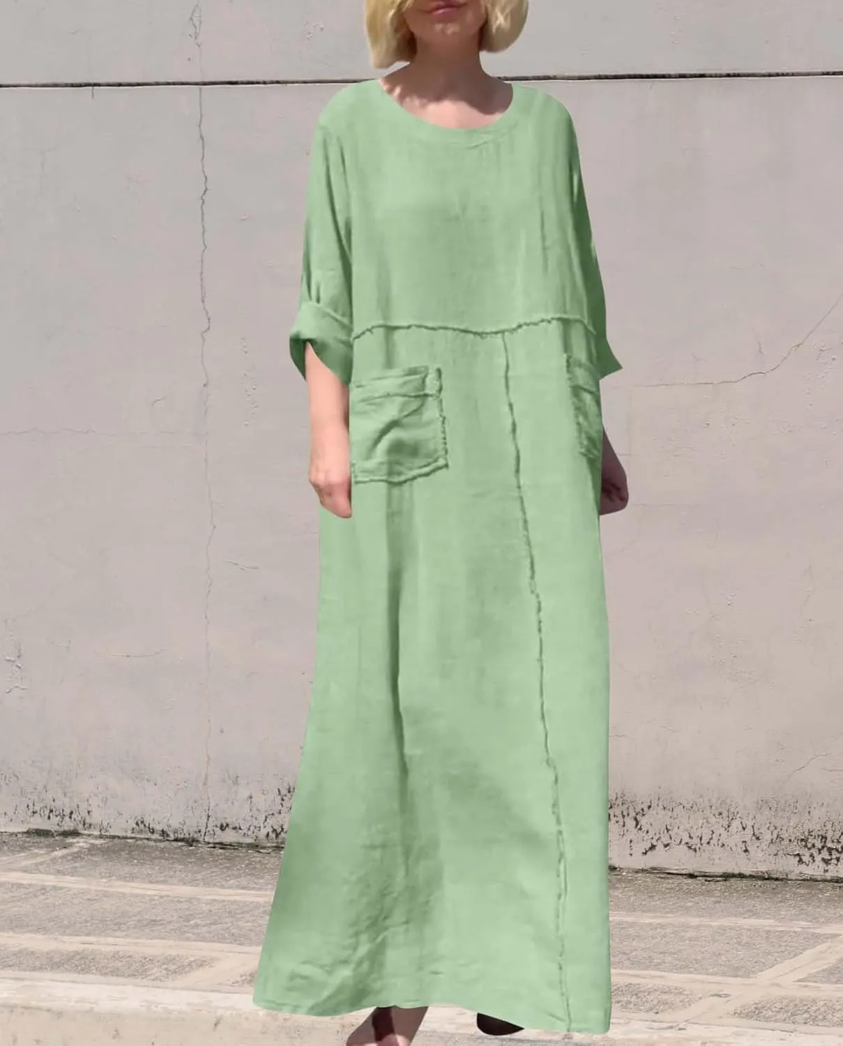 Women's Round Neck Cotton Linen Long Sleeve Dresses Casual Pleated Flowy Maxi Dress Beach Loose Dress with Pocket