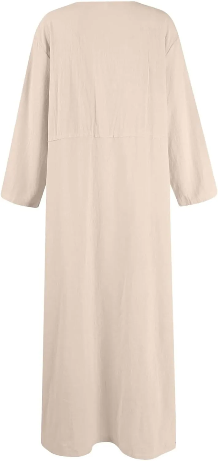 Women's Round Neck Cotton Linen Long Sleeve Dresses Casual Pleated Flowy Maxi Dress Beach Loose Dress with Pocket