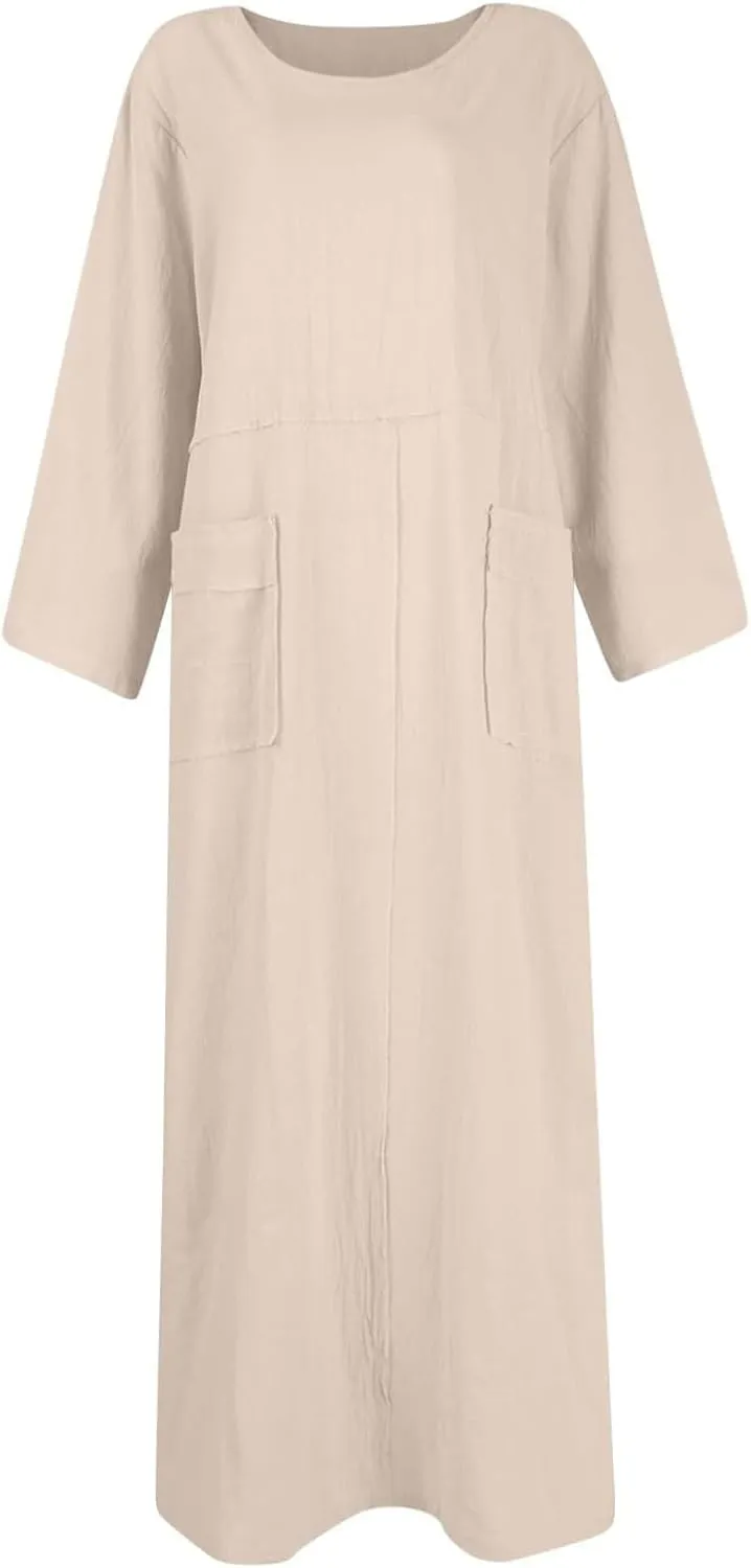 Women's Round Neck Cotton Linen Long Sleeve Dresses Casual Pleated Flowy Maxi Dress Beach Loose Dress with Pocket