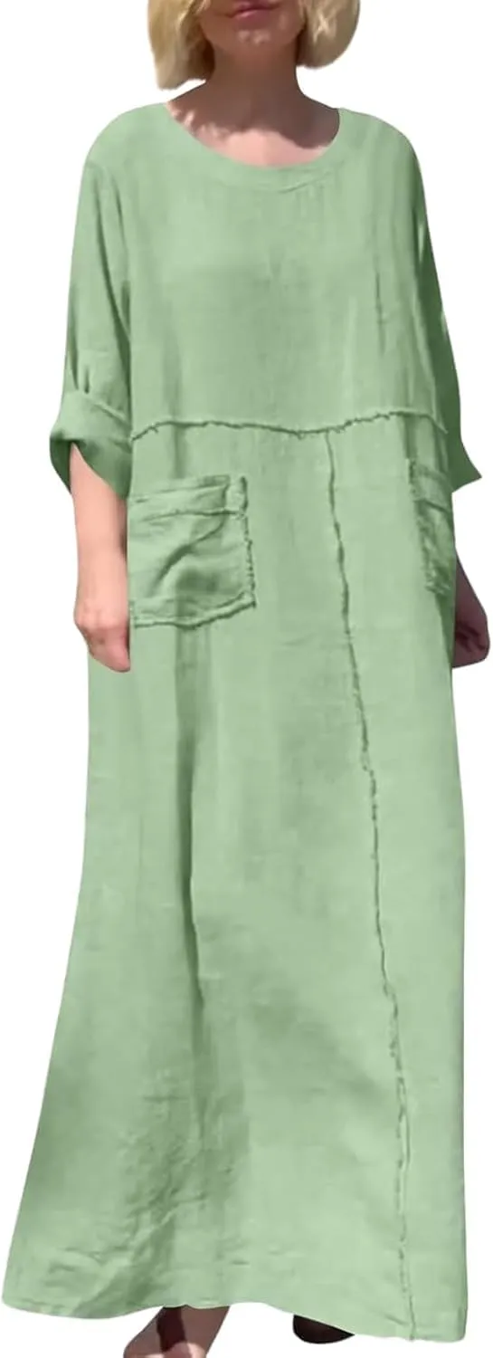 Women's Round Neck Cotton Linen Long Sleeve Dresses Casual Pleated Flowy Maxi Dress Beach Loose Dress with Pocket