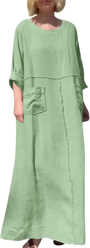 Women's Round Neck Cotton Linen Long Sleeve Dresses Casual Pleated Flowy Maxi Dress Beach Loose Dress with Pocket