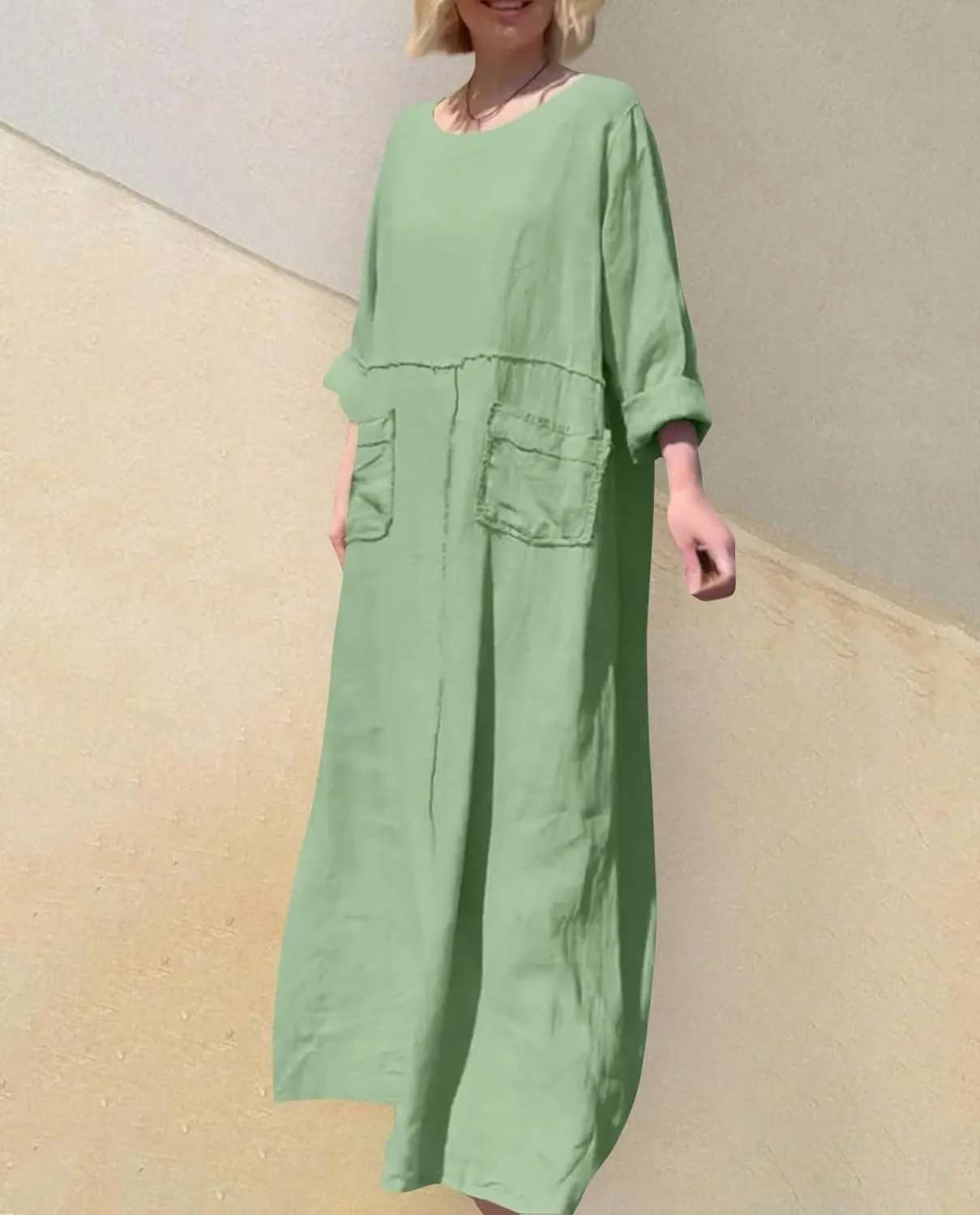 Women's Round Neck Cotton Linen Long Sleeve Dresses Casual Pleated Flowy Maxi Dress Beach Loose Dress with Pocket