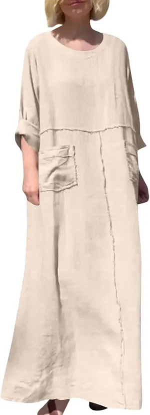 Women's Round Neck Cotton Linen Long Sleeve Dresses Casual Pleated Flowy Maxi Dress Beach Loose Dress with Pocket