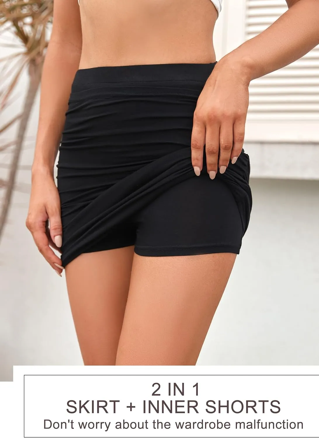 Women's Sexy Skorts High Waist Solid Elasticity Tight Ruched Bodycon Mini Club Double Layer Skirt
