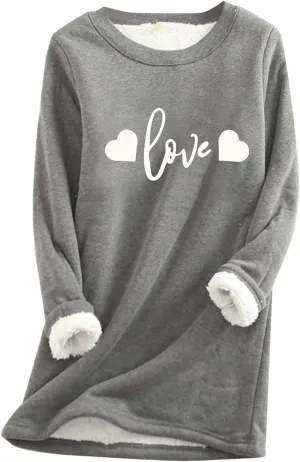 Womens Sherpa Lined Sweatshirt Fleece Warm Crewneck Long Sleeve Heart Graphic Soft Pullover Winter Thermal Loungewear