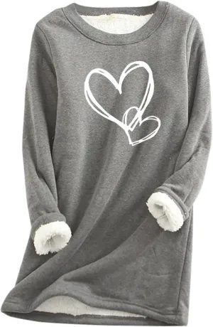 Womens Sherpa Lined Sweatshirt Fleece Warm Crewneck Long Sleeve Heart Graphic Soft Pullover Winter Thermal Loungewear