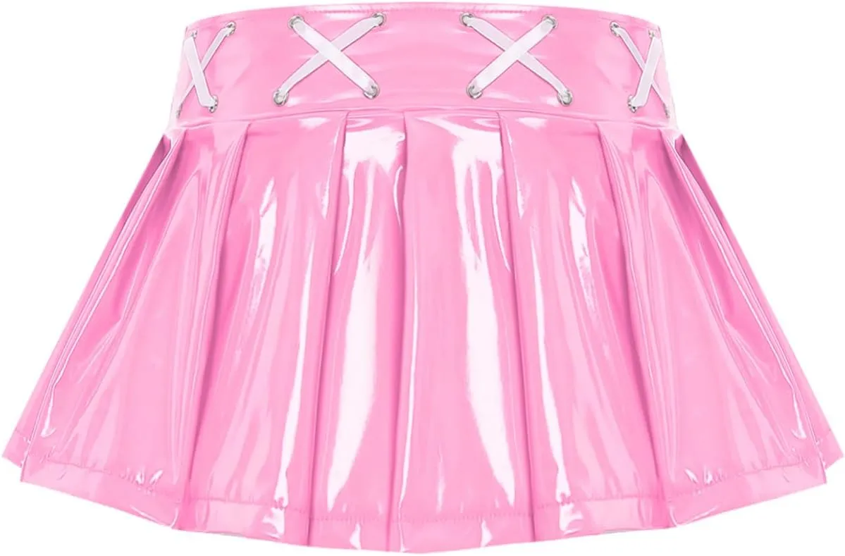 Womens Shiny Metallic Miniskirt Holographic Flared Pleated A-Line Skirts Mini Skater Skirts