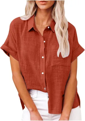 Womens Short Sleeve Button Down Shirt Collared V Neck Blouse Summer Cotton Linen Tops Loose Fit Casual Dressy Clothes