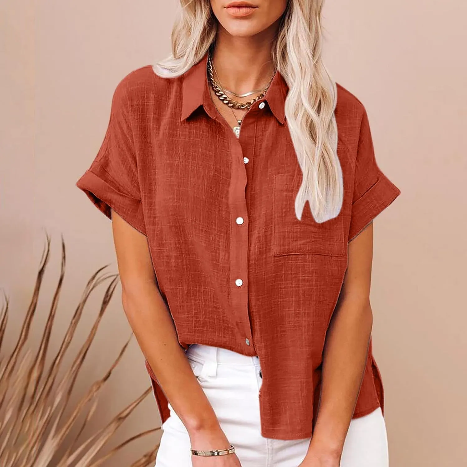 Womens Short Sleeve Button Down Shirt Collared V Neck Blouse Summer Cotton Linen Tops Loose Fit Casual Dressy Clothes