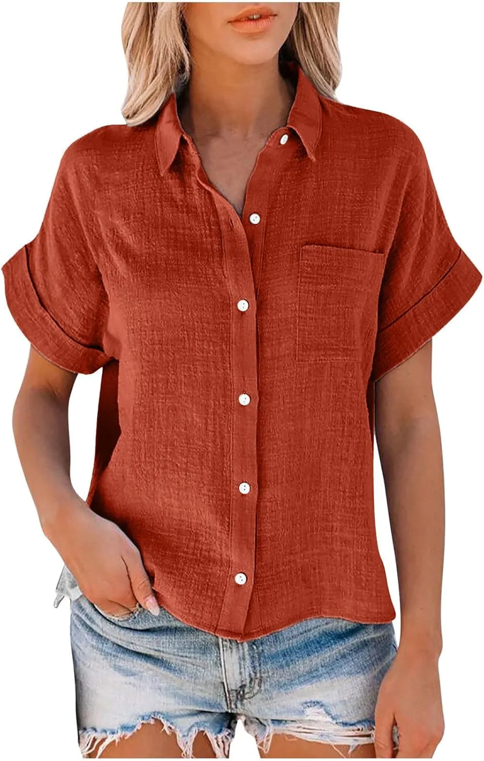 Womens Short Sleeve Button Down Shirt Collared V Neck Blouse Summer Cotton Linen Tops Loose Fit Casual Dressy Clothes