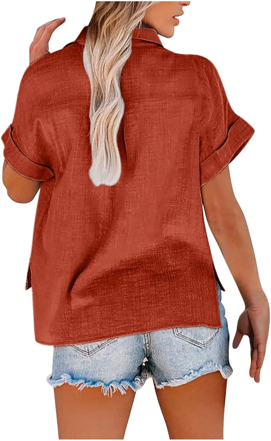 Womens Short Sleeve Button Down Shirt Collared V Neck Blouse Summer Cotton Linen Tops Loose Fit Casual Dressy Clothes