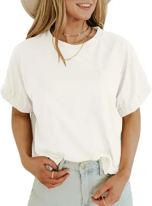 Women's Short Sleeve T Shirts Crewneck Summer Cropped Top Casual Basic Tees with Pocket